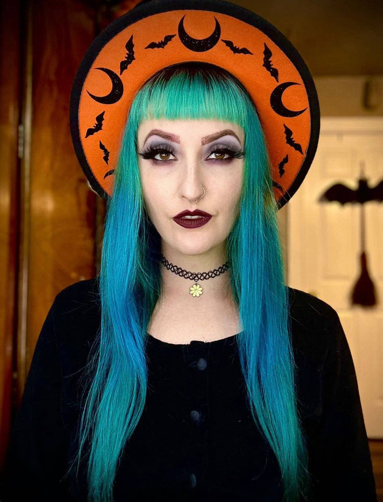 Vegan Felt Hat - "Orange bat moons": Matte Black