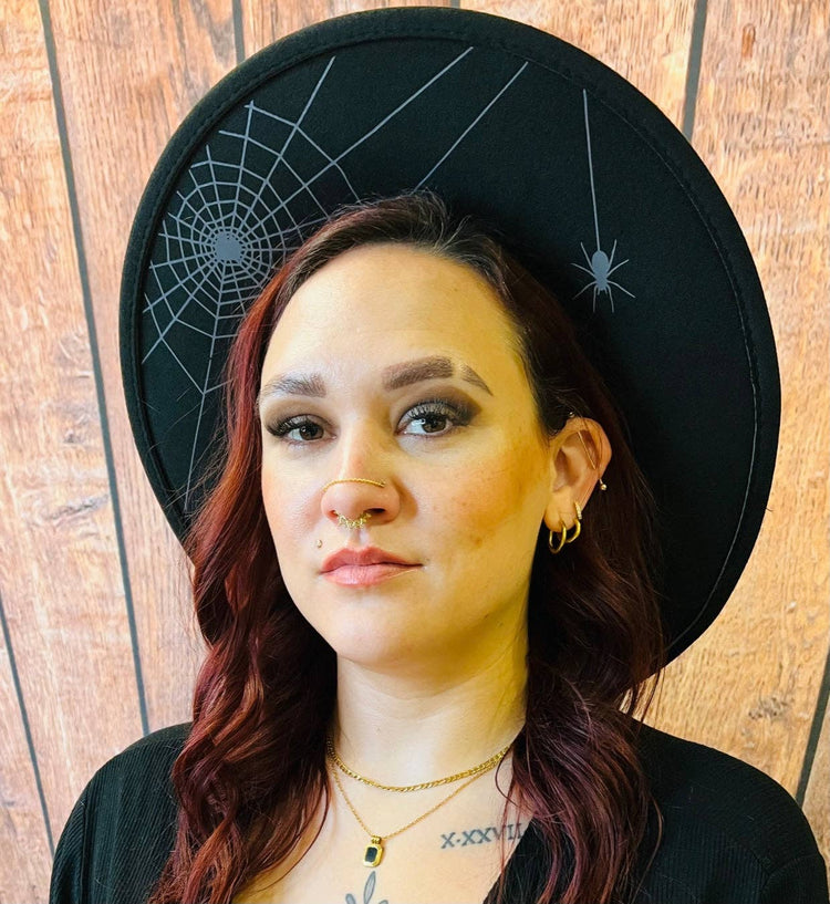 Vegan Felt Hat - XL Brim - Hanging Spider Web - Black/Charcoal