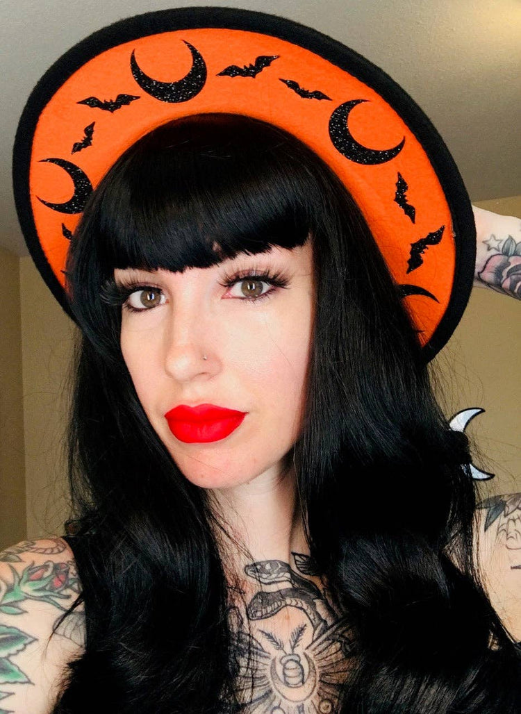 Vegan Felt Hat - "Orange bat moons": Matte Black